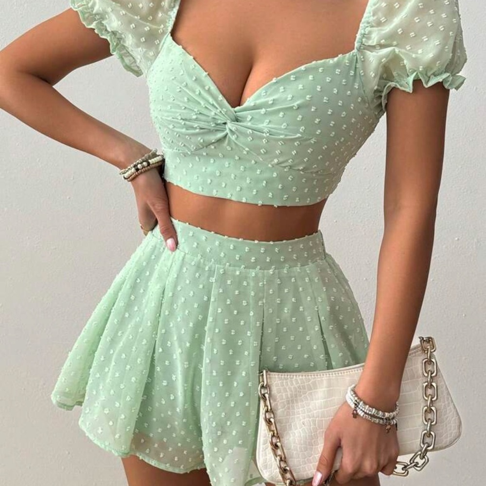 Mint Green Polka Dot Crop Top and Skirt Set